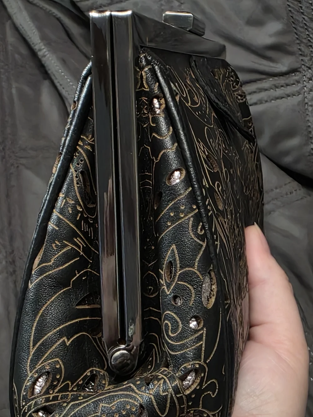 Stunning Patricia Nash Black Tooled Leather Laser Cut Frame Clutch Chain Bag